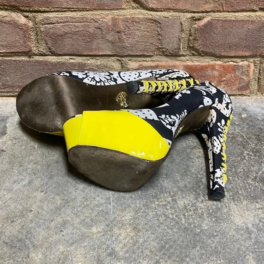 Betsey Johnson Black-White-Yellow Peep Toe Platform Stiletto Heels Size 8.5 - Picture 7 of 12
